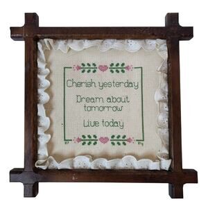 Vintage Framed Cross Stitch Wall Art 11.5"x11.5" Saying Quote Granny Core